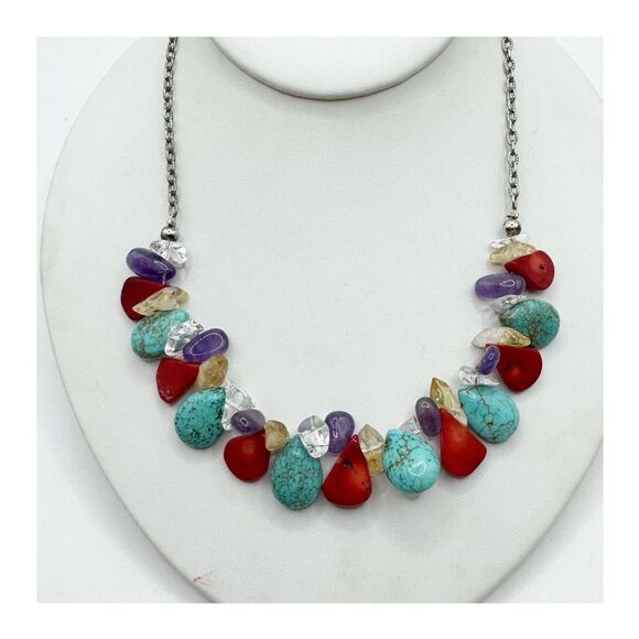 Turquoise Coral Amethyst Stone Collar Necklace Sterling Silver Southwest Boho - Picture 12 of 13